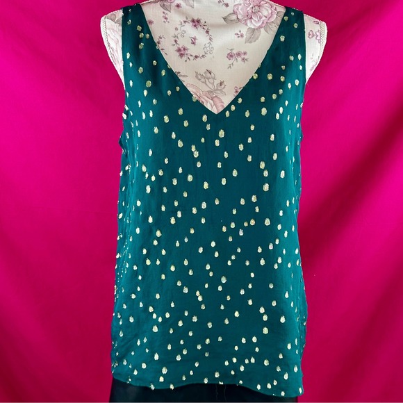 Lilly Pulitzer Silk Tank Top Gold Metallic Dot Green Sleeveless V Neck Size M - Picture 3 of 17